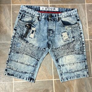 Krotx Light Blue Ripped Denim Shorts for Men